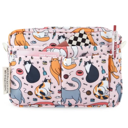 Multiple Pockets Portfolio Organizer with Zippered,Storage Pencil Pouch Bag - color: Pink Cat