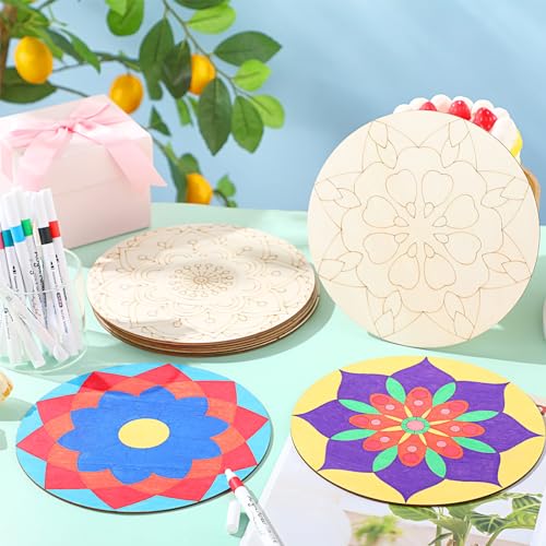 Vercraft 22 Pcs Wooden Mandala Painting Set 10 Mandala Unfinished Wood Cutouts with 12 Markers for Crafts Diwali Craft Wood Slices for Adults Painting DIY Tags Wedding Home Decors(Classic Style) - color: Classic Style