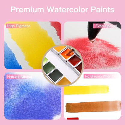 rubens Professional Watercolor Paint Set 24 Colors, High Pigment Solid Half Pans in Chic Pink Diamond-Pattern Metal Case with Ring, Aesthetic Art Gift for Beginners, Artists & Designers - color: Pink
