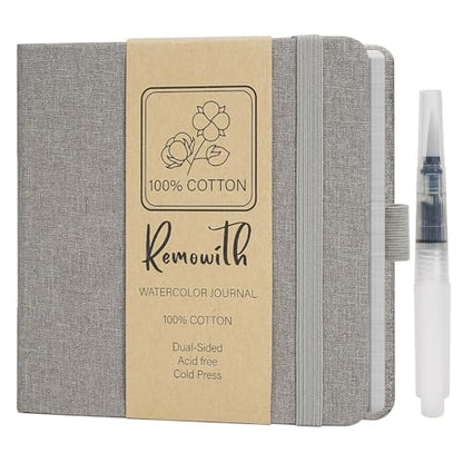 Watercolor Journal Sketchbook 5.5x5.5 24 Sheets Gray | Cotton paper, 140 LB 300 GSM, Linen cover, Tap Water Pen, Travel sketching - color: Gray, size: 5.5x 5.5 Inch