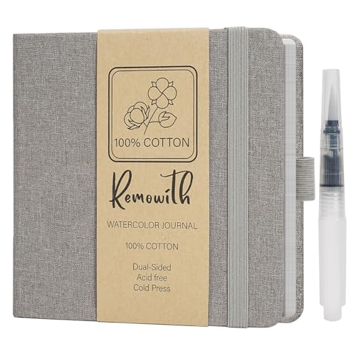 Watercolor Journal Sketchbook 5.5x5.5 24 Sheets Gray | Cotton paper, 140 LB 300 GSM, Linen cover, Tap Water Pen, Travel sketching - color: Gray, size: 5.5x 5.5 Inch