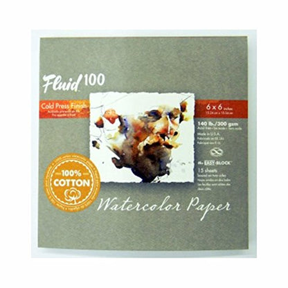 Fluid 100 Watercolor Paper Block, 6 x 6 inches, 15 Sheets, 140 lb (300 GSM) 100% Cotton Cold Press Pad for Artist Painting and Wet Media - size: 6 x 6 (140 lb)