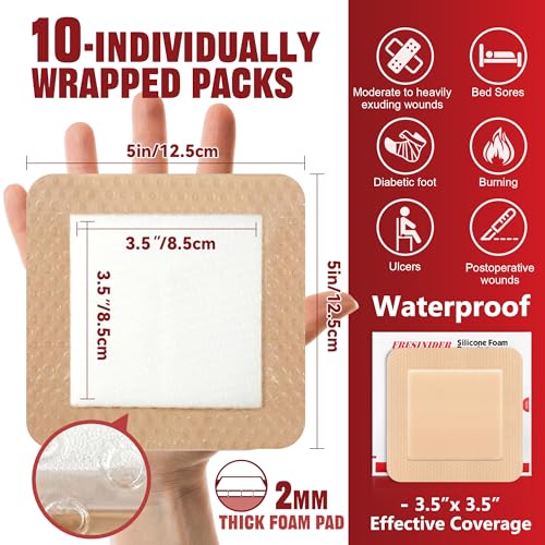 FRESINIDER Silicone Foam Dressing with Adhesive Border – Wound Dressing Bandage – Silicone Foam Pad – Pack of 10 – 5 x 5 Inches Large Waterproof Bandages – Self Adhesive Wound Care and Dressings - size: 5" x 5",10pack