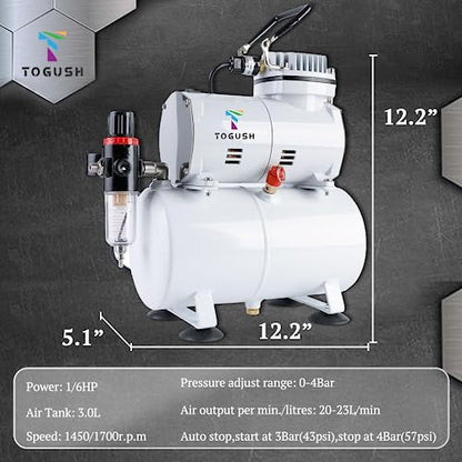Airbrush Kit with Compressor and Tank, Dual Action Airbrush Set | 3L Tank Compressor with Two Airbrushes and 0.2/0.3/0.5mm Nozzles for Model Painting, Hobby and Craft Projects