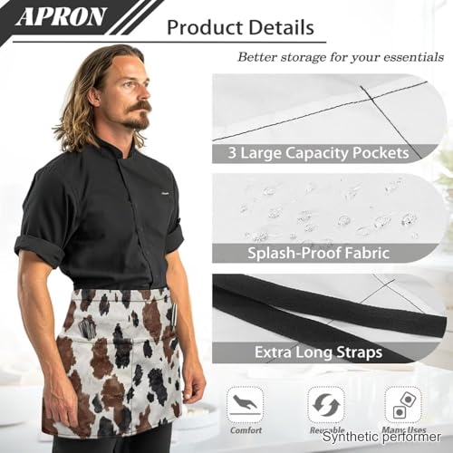 Waist Apron with 3 Pockets Waterproof 13 Inch Short Half Waist Aprons Women Men Server Aprons Waitress Waiter Apron - color: Brown Cow Print