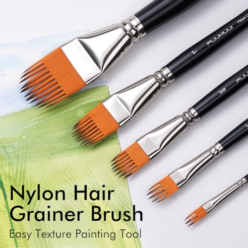 Fuumuui 5-PC Grainer Brush Set for Wood Grain, Fur & Grass Textures Professional Filbert Paint Brush Comb for Acrylic, Watercolor, Oil Painting Artist & Beginner Friendly - style: Filbert