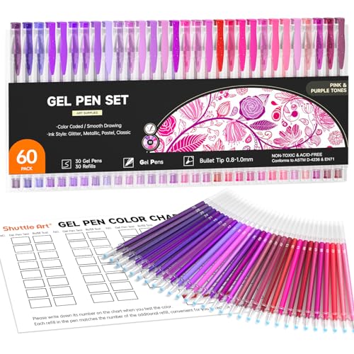 Shuttle Art 60 Pack Tone , Pink Purple Gel Pens with 30 Refills for Adults Coloring Books Journaling Drawing Nature, Landscapes, Animals Scenes - color: 60 Pack Pink Purple Tone