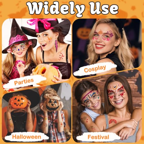 58PCS Halloween Face Paint Stencils Kit Includes 36 Reusable Facial Painting Stencils, 6 Sheets Tattoo Templates Stickers, 10 Brushes, 2 Pack Adhesive Gems, 4 Sponge for Halloween Party Makeup - color: Halloween