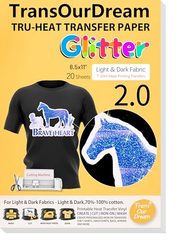 TransOurDream Glitter 2.0 Heat Transfer Paper for Inkjet Printer (20 Sheets, 8.5x11'') Printable Heat Transfer Vinyl for T Shirts Iron on Transfers for Light & Dark Fabrics(TOD-GL2-20) - color: Glitter, size: 20 Sheets