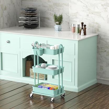 Simple Houseware 3-Tier Rolling Utility Cart with Hanging Bucket, Turquoise - color: Turqoise, size: 3-Tier
