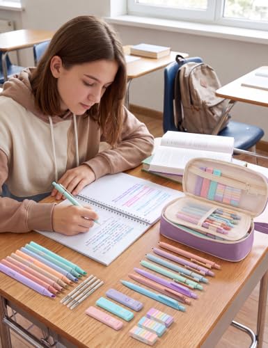 SUNEE Pencil Case with Supplies, 35PCS Aesthetic Stationery Set with Pastel Highlighters, Black Gel Pens, Mechanical Pencils & Refills, College School Supplies for Students Girls, Purple - color: Purple, style: 35 Pack