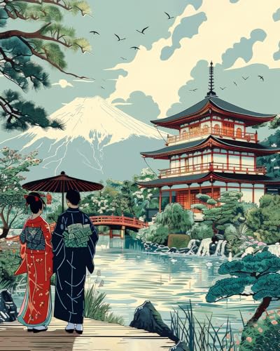 TUMOVO Japanese Paint by Number, Ukiyo-e Edo Period Landscape Canvas | Traditional Nature Scene, DIY Adult Paint by Numbers Kit, Cultural Wall Art, Relaxing Weekend Project, 16x20 Inches. - color: Japan Landscape
