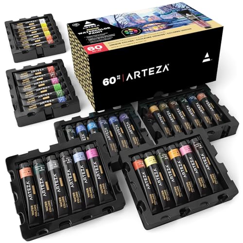 ARTEZA Watercolor Paint Set, 60 Colors in 12 ml Tubes, Highly Pigmented Watercolor Paints for Adults, Artists, Blending, Layering, Washes, Gradients, and Mixed Techniques - size: 1 Count (Pack of 60)