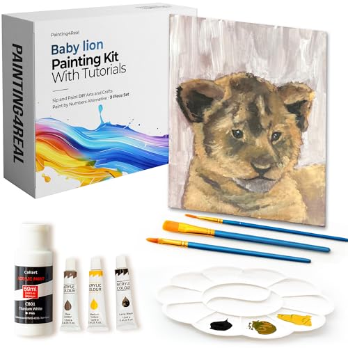 Painting4Real DIY Art Painting Kit for Adults with Video Tutorials – Learn to Paint Baby Lion - 9 Pieces Acrylic Paint Set & Art Supplies for Adults, Mother Day Gift for Mom, Women, Mens, Art Lovers - color: Baby Lion