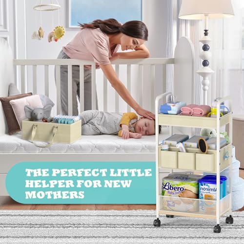 2In1 Baby Diaper Caddy & 3-Tier Rolling Cart, Diaper Caddy Organizer Carts with Dividers, Mobile Metal Utility Cart for Nursery Essentials, Detachable Bedside Cart, Large Capacity, White - color: Off White