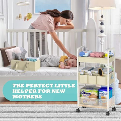 2In1 Baby Diaper Caddy & 3-Tier Rolling Cart, Diaper Caddy Organizer Carts with Dividers, Mobile Metal Utility Cart for Nursery Essentials, Detachable Bedside Cart, Large Capacity, White - color: Off White