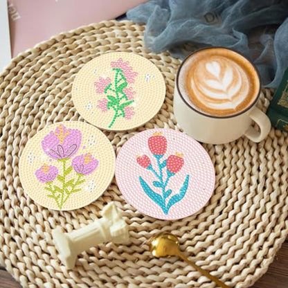 DOTSOPS 8 Pcs Flowers Diamond Art Coasters for Adults with Holder 4 in - color: Flowers-A