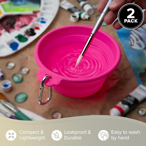 Silver Brush Limited Silver Essentials Paintbrush Water Bowl, 760ml/25.7oz | 2 Pack, Watercolor, Watermedia, Round, Reusable Artist Water Cup, Collapsible, With Carabiner Clip, Leak-proof, Silicone - size: 760ml