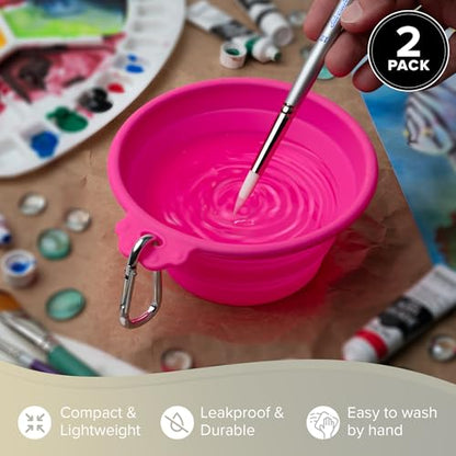 Silver Brush Limited Silver Essentials Paintbrush Water Bowl, 760ml/25.7oz | 2 Pack, Watercolor, Watermedia, Round, Reusable Artist Water Cup, Collapsible, With Carabiner Clip, Leak-proof, Silicone - size: 760ml