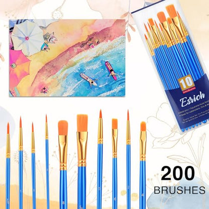 ESRICH Acrylic Paint Brushes Set, 20 Packs 200 Pcs Nylon Hair | Nylon Brush Head for Oil Painting, Gouache, Face,Ceramics etc, Kid's and Adults Painting Arts and Crafts Paint Set - color: Blue, size: 200