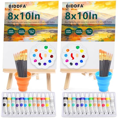 Paint & Sip Kit for 2, 8x10 Canvas Board with Easel for Couples Date Night | 2-Person Art Set:2 canvases,2 wood easels, brushes,paints & palettes.Ideal for painting parties,anniversaries & girls' night