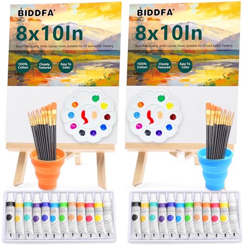 Paint & Sip Kit for 2, 8x10 Canvas Board with Easel for Couples Date Night | 2-Person Art Set:2 canvases,2 wood easels, brushes,paints & palettes.Ideal for painting parties,anniversaries & girls' night