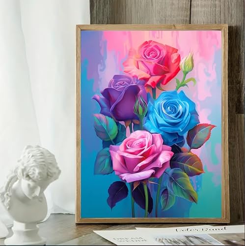 MaiMMaledy Paint by Numbers Kit for Adults Beginners Canvas Pictures with Framed Drawing Painting Acrylic Pigment with Wooden Triangle Easel Rose 8Wx12L inch - color: Rose, size: Rose 12x8inch