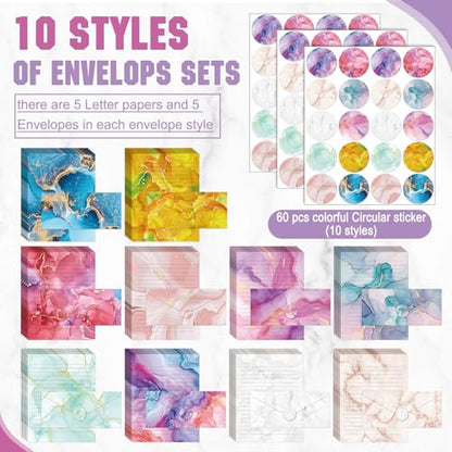TaoBary 160 Pcs Stationery Paper Set 50 Double Sided Stationery Papers with 50 Matching Envelopes and 60 Round Dot Sticker, 10 Design(Marble,8.5 x 11 Inch) - size: 8.5 x 11 Inch, style: Marble