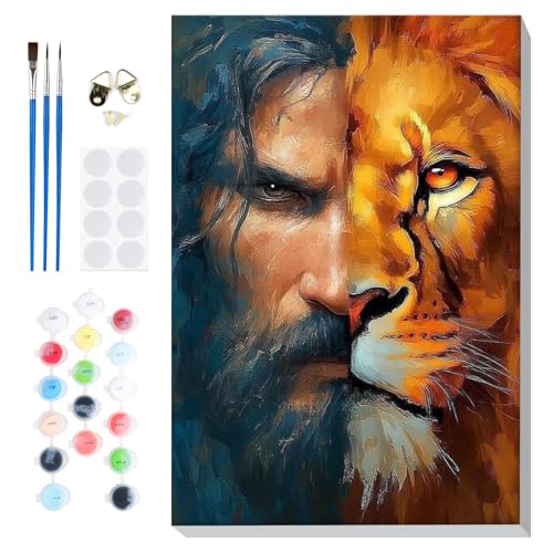Bowetile Framed Jesus Paint by Numbers Kit for Adults Beginners, Adults' Paint-by-Number Lion Kits on Canvas, Painting by Numbers, Acrylic Number Painting for Home Wall Decor, 8x12in - color: Jesus and the Lion