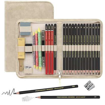 Heshengping, Sketching and Drawing Pencils Set 26pcs, Art Supplies Drawing pencil Kit,Graphite Charcoal Professional Pencils Set, Adults Beginners Artist - style: 26 Pack Sketching Pencils Beige