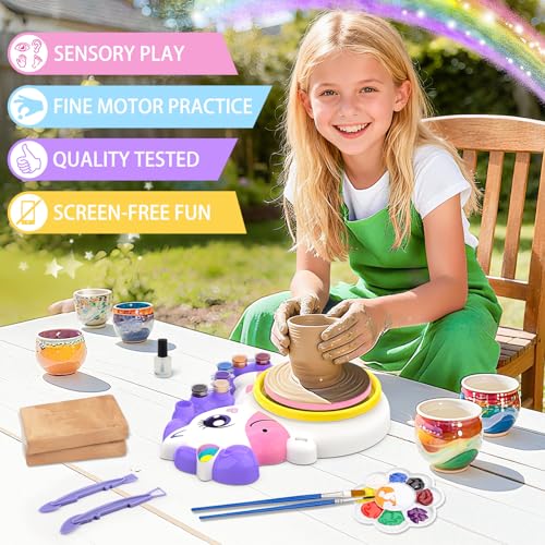 Pottery Wheel for Kids, Unicom Craft Kit Arts and Crafts for Kid Ages 6-12 | Complete Pottery Painting Kit with Clay Art Supplies Kids Toys Girls Birthday Chnistmas Git for 6 7 8 9 10 11 12+ Years Old - color: purple