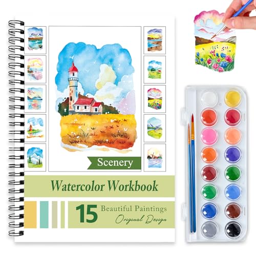 Watercolor Workbooks for Adults Beginners & Teens, 16 Colors 15 Beautiful Paintings, Pre-Outlined Designs, Easy Watercolor Art Book（Scenery） - color: Scenery, size: with palette