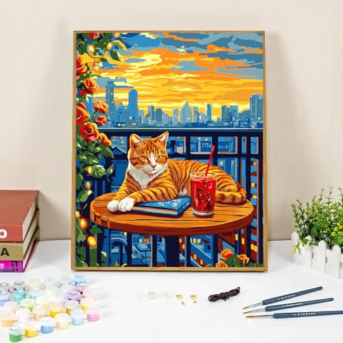 Cat Paint by Numbers Kit for Adults, City Sunset, Oil Painting 16x20 Inch | Paint by Numbers Kit for Adults, Cat on Balcony with City Sunset, DIY Oil Painting, Pre-Printed Canvas, 16x20 Inch - color: B3-Cat