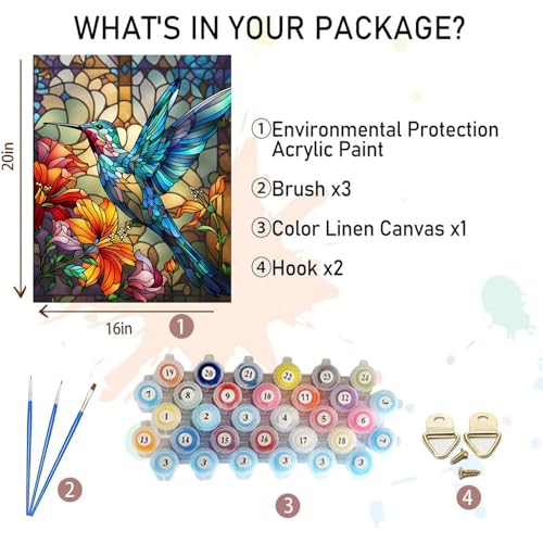 Hummingbird Paint by Numbers for Adults - Stained Glass Paint by Number | DIY Bird Oil Painting for Gift Home Wall Decor, Without Frame (16x20 inch) - color: MT12892