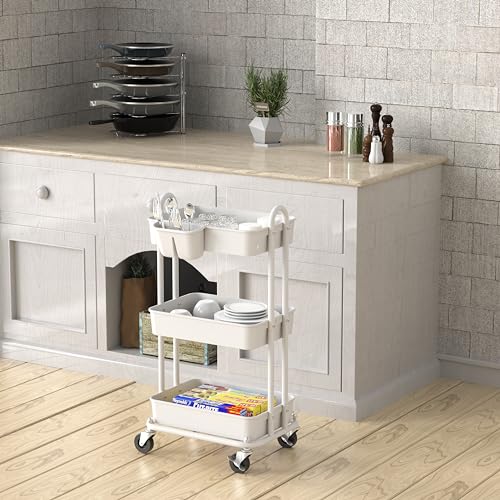 Simple Houseware 3-Tier Rolling Utility Cart with Hanging Bucket, White - color: White, size: 3-Tier