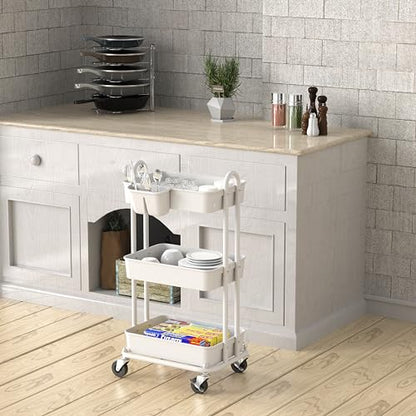 Simple Houseware 3-Tier Rolling Utility Cart with Hanging Bucket, White - color: White, size: 3-Tier
