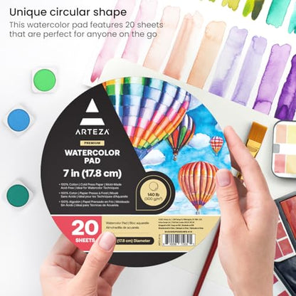 ARTEZA Watercolor Paper, 20 Sheets, 7 Inch Diameter Round Paper Pads, 140lb/300gsm, 100% Cotton, Cold Press, Acid Free Art Paper - size: 20 Sheets (7 inch Round)