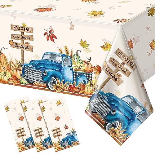 3 Pack Fall Tablecloth for Rectangle Tables, Disposable Pumpkin Thanksgiving Table Cover, Maple Leaf Truck Fall Farmhouse Plastic Table Cloth for Autumn Thanksgiving Harvest Party Decorations