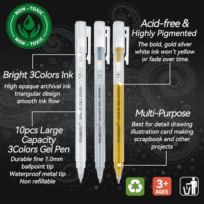 PANDAFLY Gold Silver White Gel Pens, 10-Pack, 1.0mm Fine Point Gel Ink Pens | 3 Colors Archival Ink Pens for Highlights, Black Paper Drawing, Sketching, Illustration, Card Making, Bullet Journaling - color: Multicolor