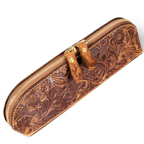 Gexmil Genuine Leather Pen Case, Hand-made Stationery Bag for Work Office - color: Floral Brown, size: 8.27"(L) * 2.36"(W) * 1.97"(H)