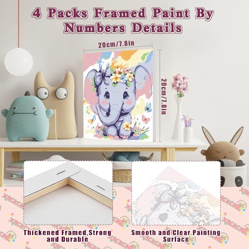 4 Pack Animal Paint by Number for Kids with Wooden Frame - Wooden Easel | Paint by Numbers for Kids Ages 4-8-12, Easy Elephant Owl Giraffe Zebra DIY Oil Painting Kits for Home Wall Decor (8X8 inch) - color: BKH43+BKH44+BKH46+BKH47