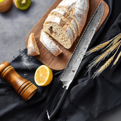 10 inch Bread Knife in Powder Steel, Serrated Bread Knife | for Homemade Bread Sourdough Ultra Sharp Bread Slicer Knives with Ergonomic Pakkawood Handle for Sourdough, Turkey and Fruit - size: 10"