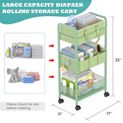 LIDTOP 2in1 Baby Diaper Caddy Organizer Cart, 3-Tier Rolling Cart, Metal Diaper Caddy Carts, Bedside Carts for Nursery Essentials Storage, Detachable Dividers, Large Capacity, Green - color: Green