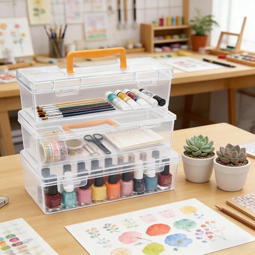 Tosnail 3 Pack Plastic Box with Handle, Portable Storage Container, Organizer Cases for Art Painting Supplies, Crafting Tools, Sewing Accessories, Ribbons, Washi Tapes, Pottery Tools, Nail Polish