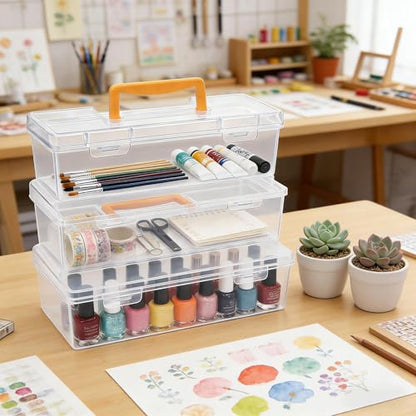 Tosnail 3 Pack Plastic Box with Handle, Portable Storage Container, Organizer Cases for Art Painting Supplies, Crafting Tools, Sewing Accessories, Ribbons, Washi Tapes, Pottery Tools, Nail Polish