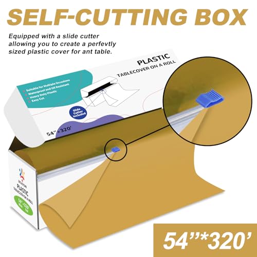 54IN X 320FT Plastic Table Cover Roll with Cutter Box, Cut to Size Plastic Table Cloths for Parties, Birthday, (Gold, 54"x3840"(Rectangular)) - color: Gold, size: 3840" x 54" (Rectangular)