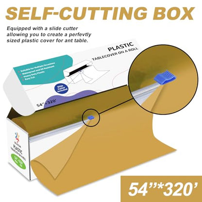 54IN X 320FT Plastic Table Cover Roll with Cutter Box, Cut to Size Plastic Table Cloths for Parties, Birthday, (Gold, 54"x3840"(Rectangular)) - color: Gold, size: 3840" x 54" (Rectangular)