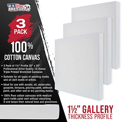 U.S. Art Supply 20"x20" Stretched Canvas for Painting, Gallery Depth 3-Pack - size: 20" x 20"