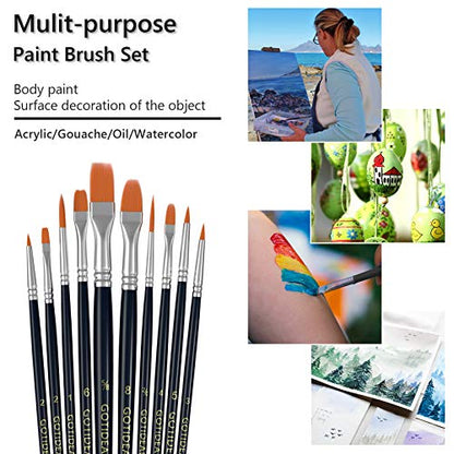 GOTIDEAL Paint Brushes, Acrylic Paint Brushes, 10 Pcs Round Pointed Tip | Small Nylon Hair, for Acrylic, Oil and Gouache, Body, Face Nail Art and Rock Painting, Perfect for Kids & Adult
