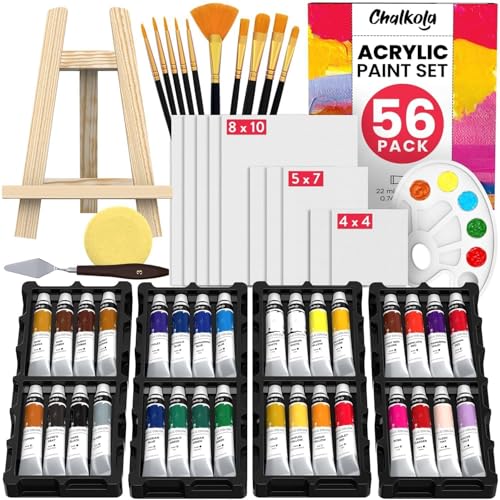 Chalkola Acrylic Paint Set for Adults & Kids - 56 Pcs Canvas Painting Kit with 32 Paints (22ml), 10 Brushes, 10 Canvases, Tabletop Easel, Palette, Knife - Professional Craft & Art Painting Supplies | 32 Acrylic Paints (22ml), 10 Brushes, 10 Canvases, Tabl
